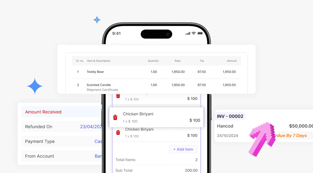 Illustration of ERP free invoice creation and digital billing management interface.