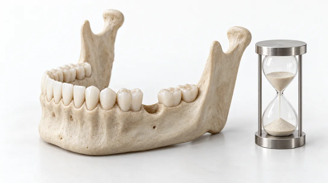 Arcata dentale con uno spazio vuoto e i cambiamenti di osso e denti vicini nel tempo