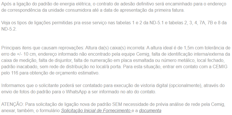 instruções técnicas para realizar uma ligação nova com a cemig através do site cemig atende
