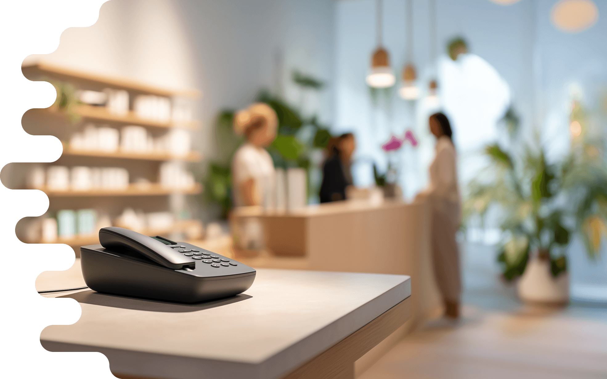 The picture shows the interior of a beauty salon. In the foreground, there is a table with a black telephone sitting on a light surface. The telephone has a standard keypad for dialing numbers. In the background, several people can be seen talking to each other. One person has blonde hair and is wearing a light top, while the other woman is dressed in darker clothing. The wall behind the reception desk is filled with several shelves on which various products belonging to a salon are displayed, including bottles and containers in different colors. There are also plants in the room, creating a pleasant and relaxed atmosphere. The lighting is soft and friendly, giving the room an inviting ambiance.