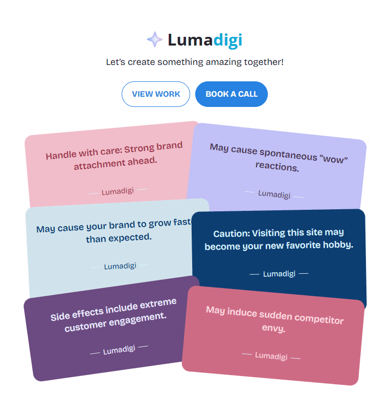 A collection of six colorful, rounded rectangular cards stylized like pharmaceutical warning labels, arranged in an overlapping cluster. Each card features white text on a colored background with the "— LumaDigi —" signature at the bottom.