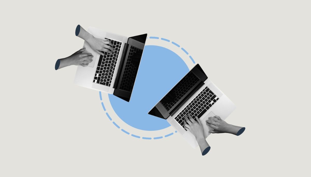 Two people typing on separate laptops with a connecting graphic between them, symbolizing sharing code online.