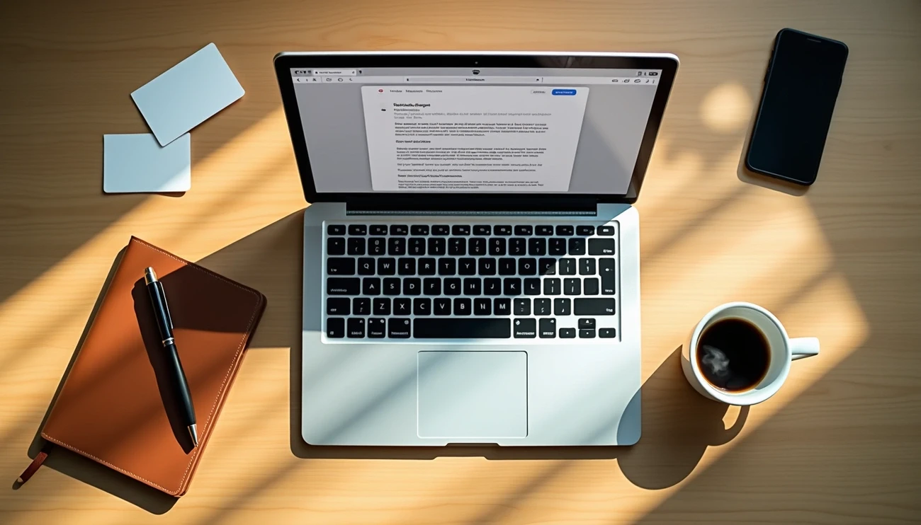 Draufsicht auf einen Laptop mit einer E-Mail auf dem Bildschirm, umgeben von einem Notizbuch, einem Stift, einem Smartphone und einer Kaffeetasse auf einem Holztisch.