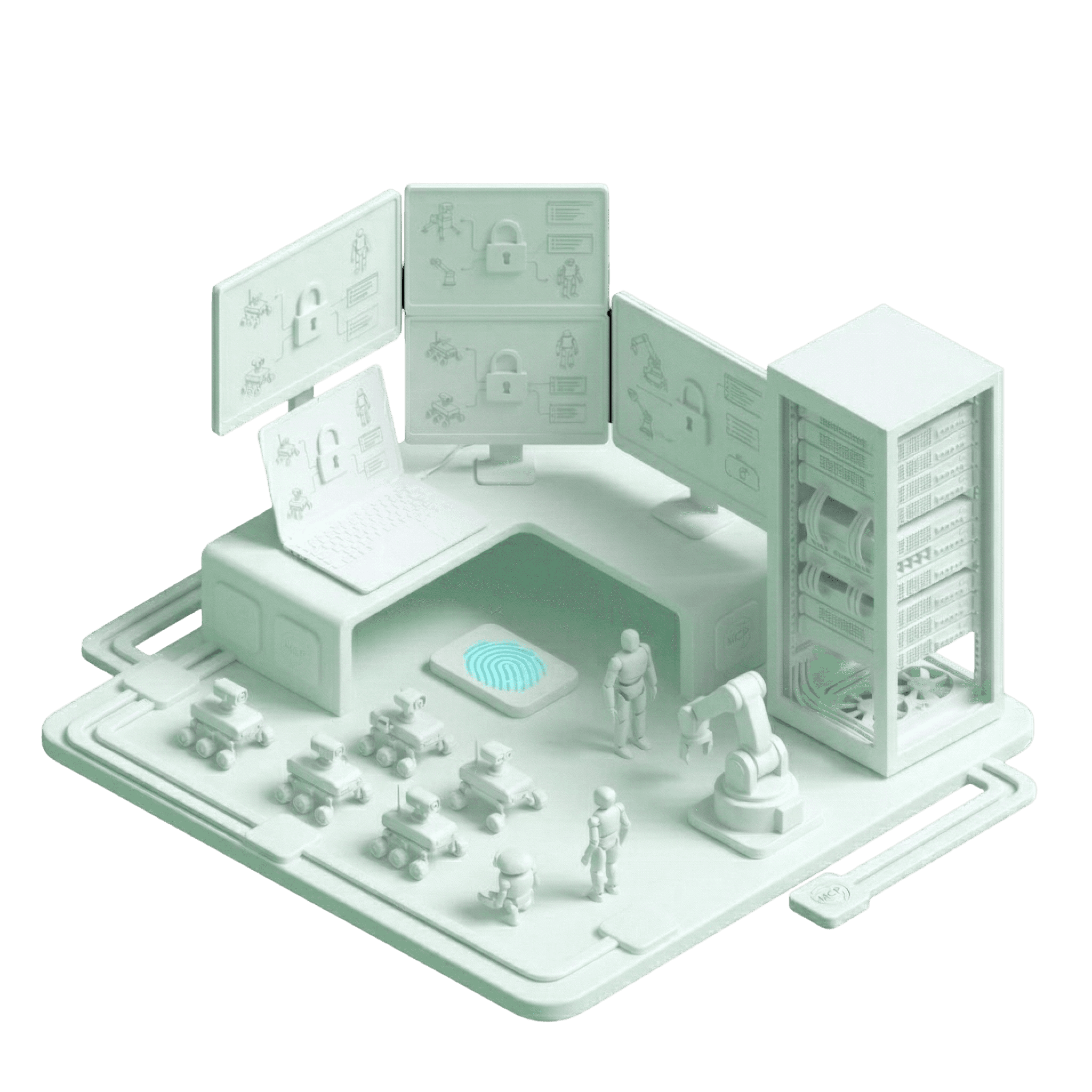 Isometric 3D illustration of a futuristic command center featuring multiple monitors with lock icons, a server rack, a robotic arm, and a fleet of small autonomous mobile robots on a light green platform, isolated on black.