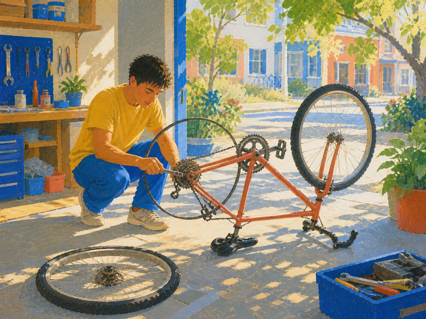 A person begins a bicycle repair with one concrete starter action: removing a wheel and loosening the first bolt.