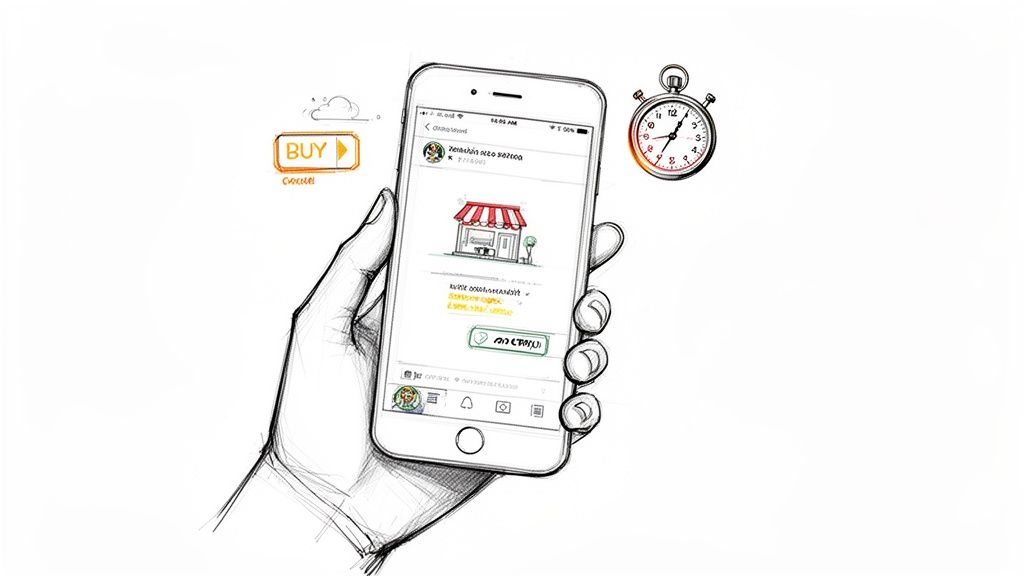 A sketch of a hand holding a smartphone displaying an online shop, with a buy button and a stopwatch.