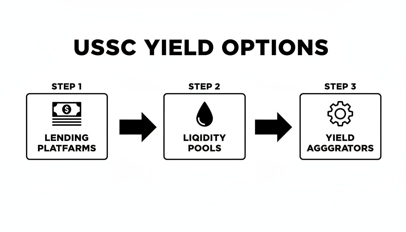 Flowchart showing USSC yield options: lending platforms, liquidity pools, and yield aggregators.