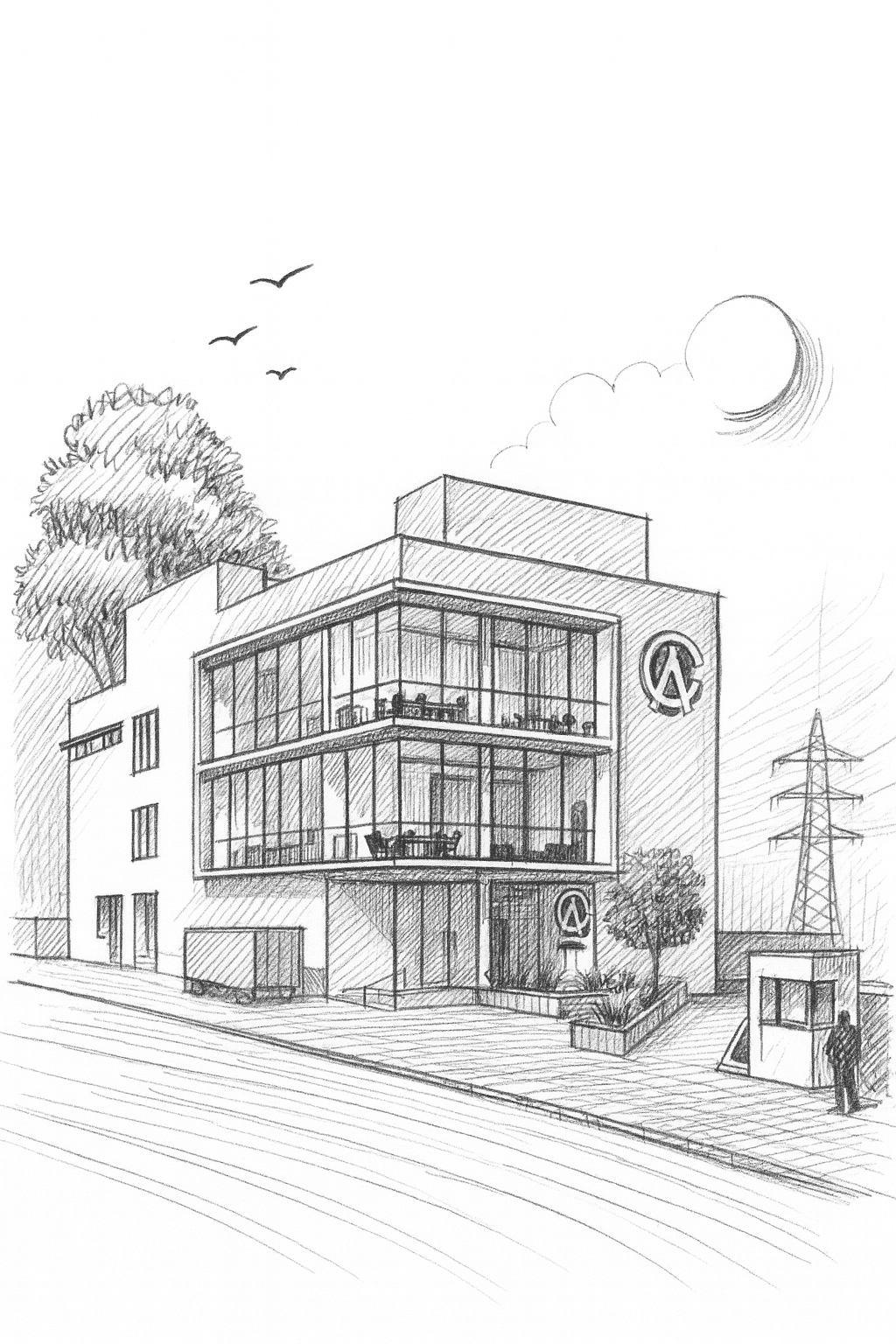 Modern commercial building sketch with rectilinear massing, double-height glazed facade, cantilevered volume, and defined street frontage.