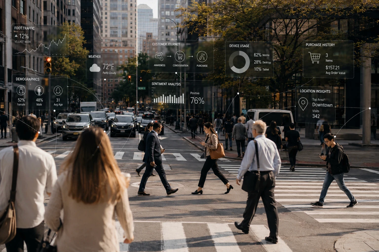 A busy city crossing with customer data overlays: journey stages, demographics, device usage, sentiment, and purchase history