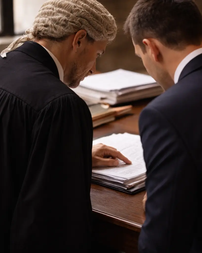 Judges review court documents together.
