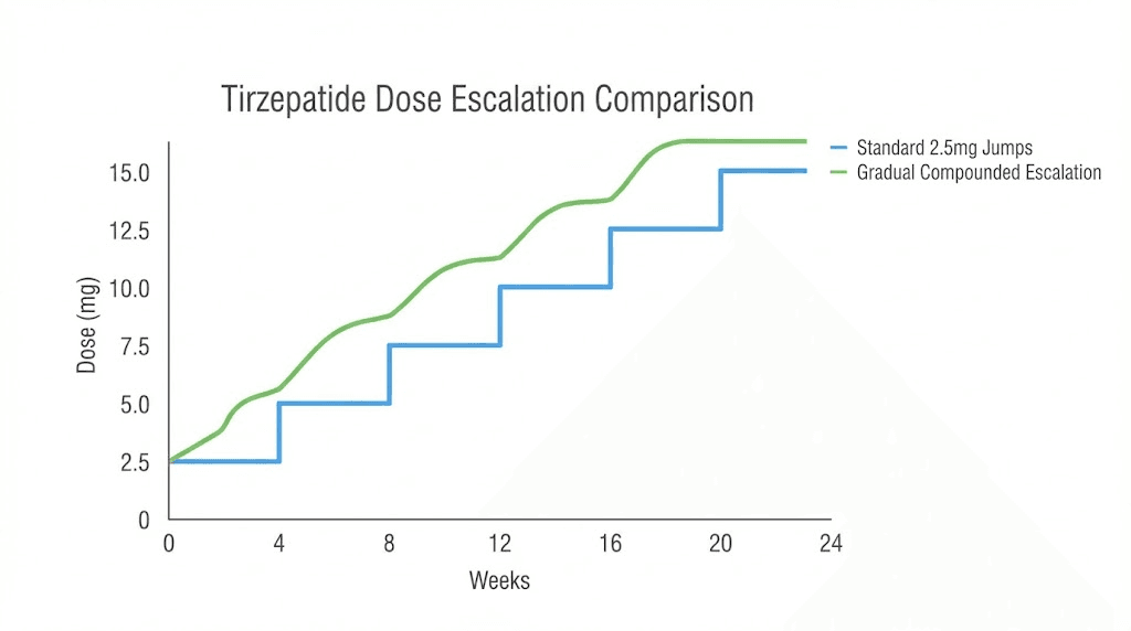 Tirzepatide dose escalation comparison chart standard versus gradual compounded protocol