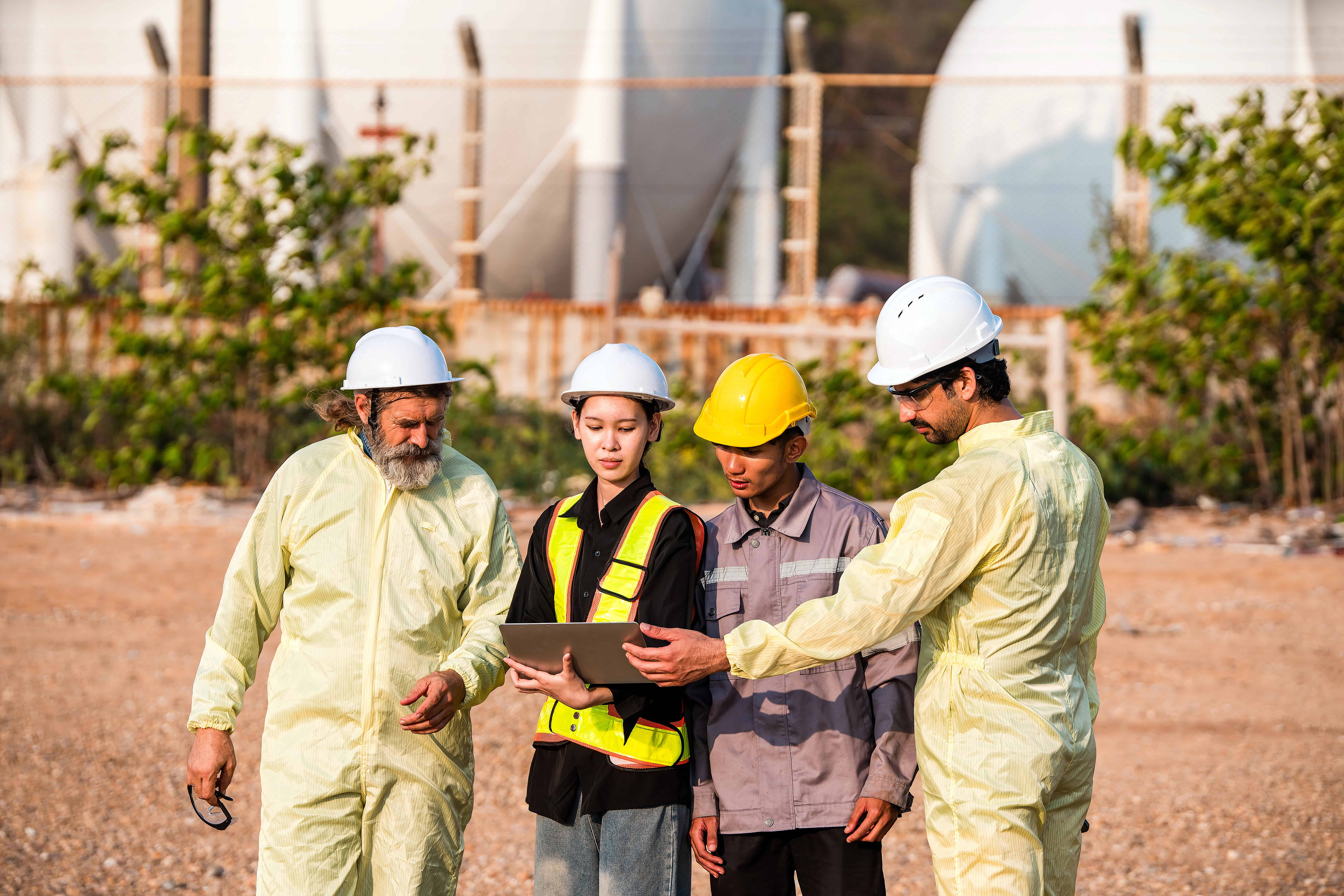Workers at a tank farm discussing psychosocial hazards with their supervisor just as rigorously as they discuss physical hazards on the task