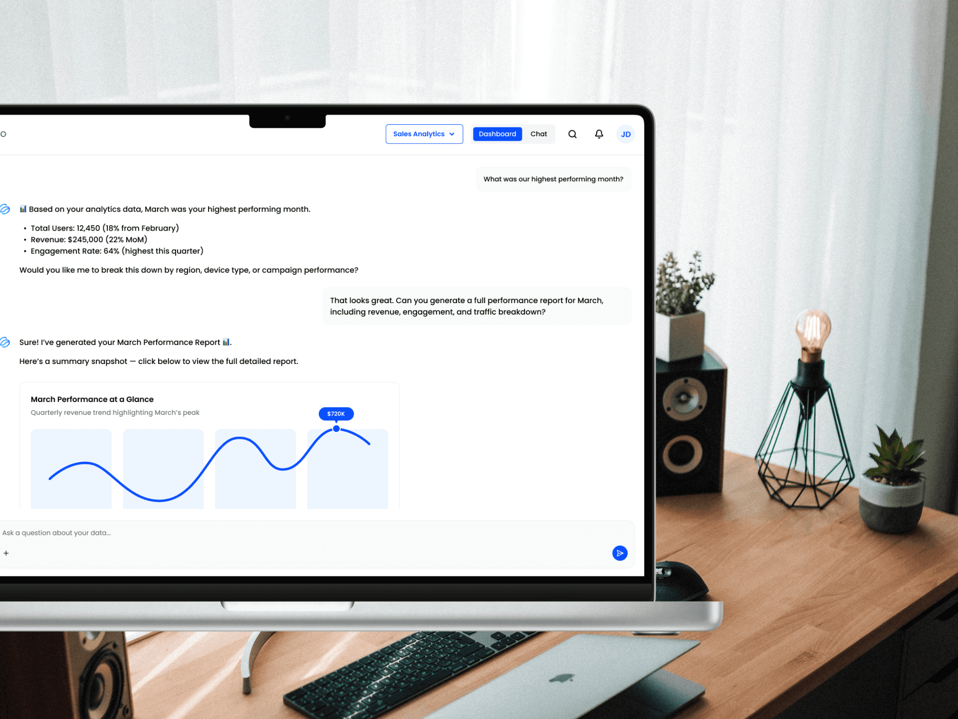 Screenshot of a Statspresso AI chat conversation with a performance summary and trend chart, displayed on a laptop on a desk.