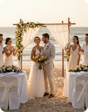 bride and groom celebrating a beach wedding ceremony with guests by the ocean in Fiji