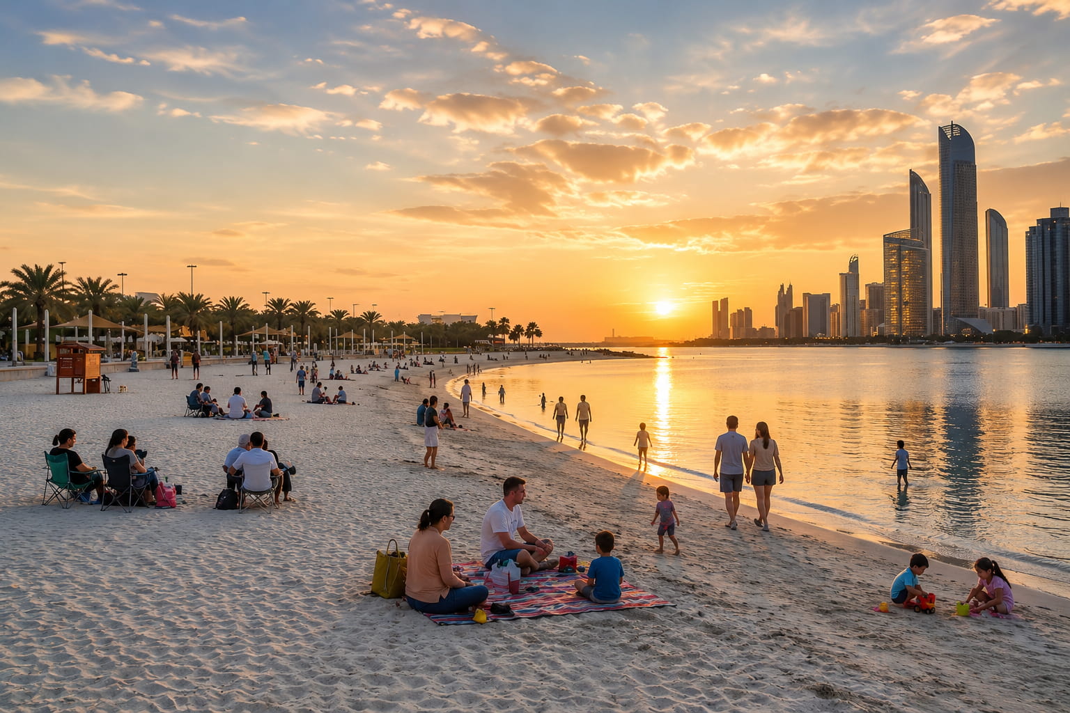 Families enjoying Al Bateen Beach during a calm waterfront sunset evening.