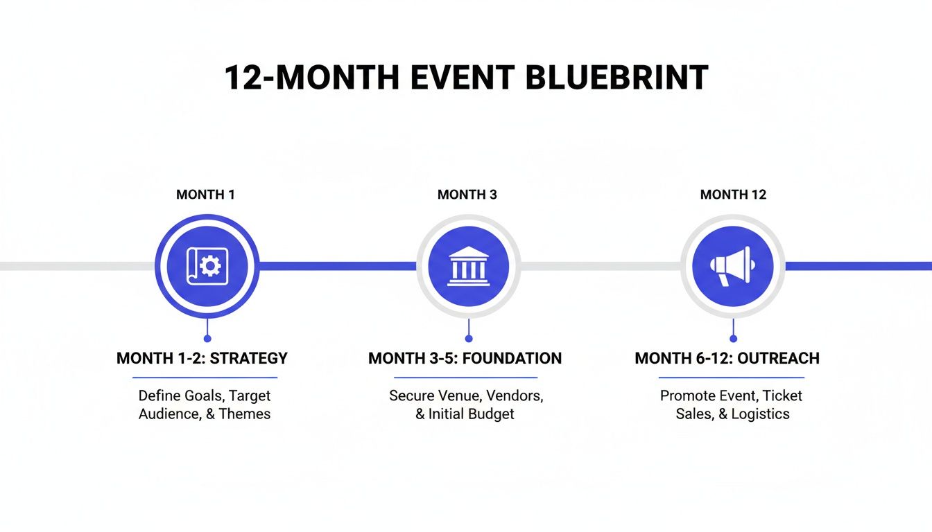 A 12-month event blueprint timeline illustrating key phases: strategy, foundation, and outreach.