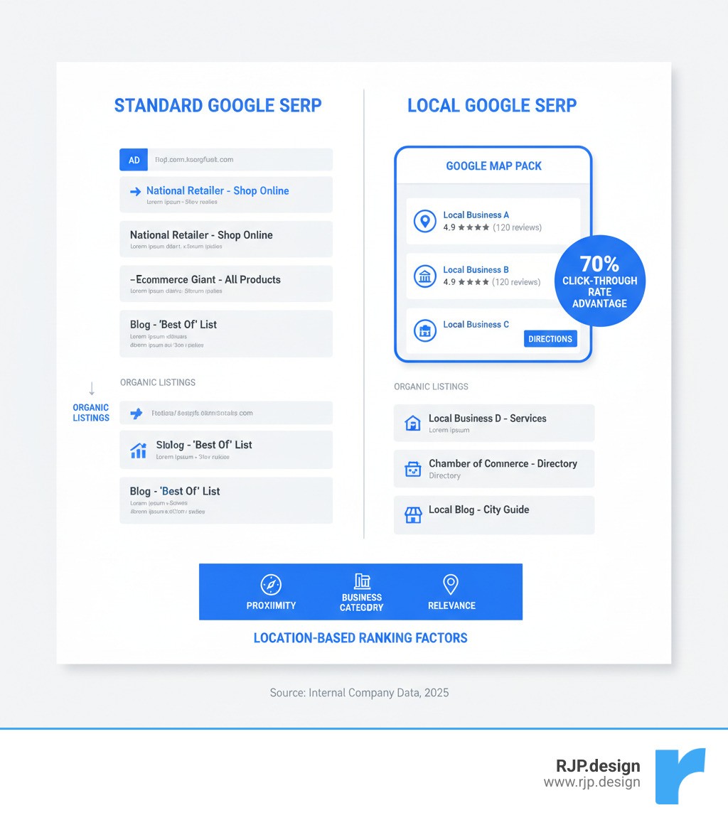 Detailed infographic comparing standard Google SERP results with local SERP results featuring the Google Map Pack, showing how local businesses appear in both organic listings and the prominent three-pack map results, with callouts highlighting the 70% click-through rate advantage and location-based ranking factors - tracking local serps seo company infographic