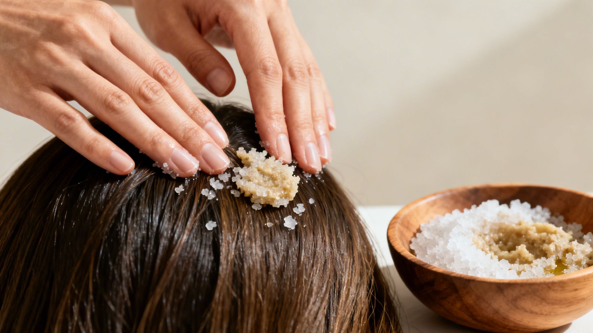 Close-up of hands gently applying a natural salt and scrub mixture to a person's scalp.