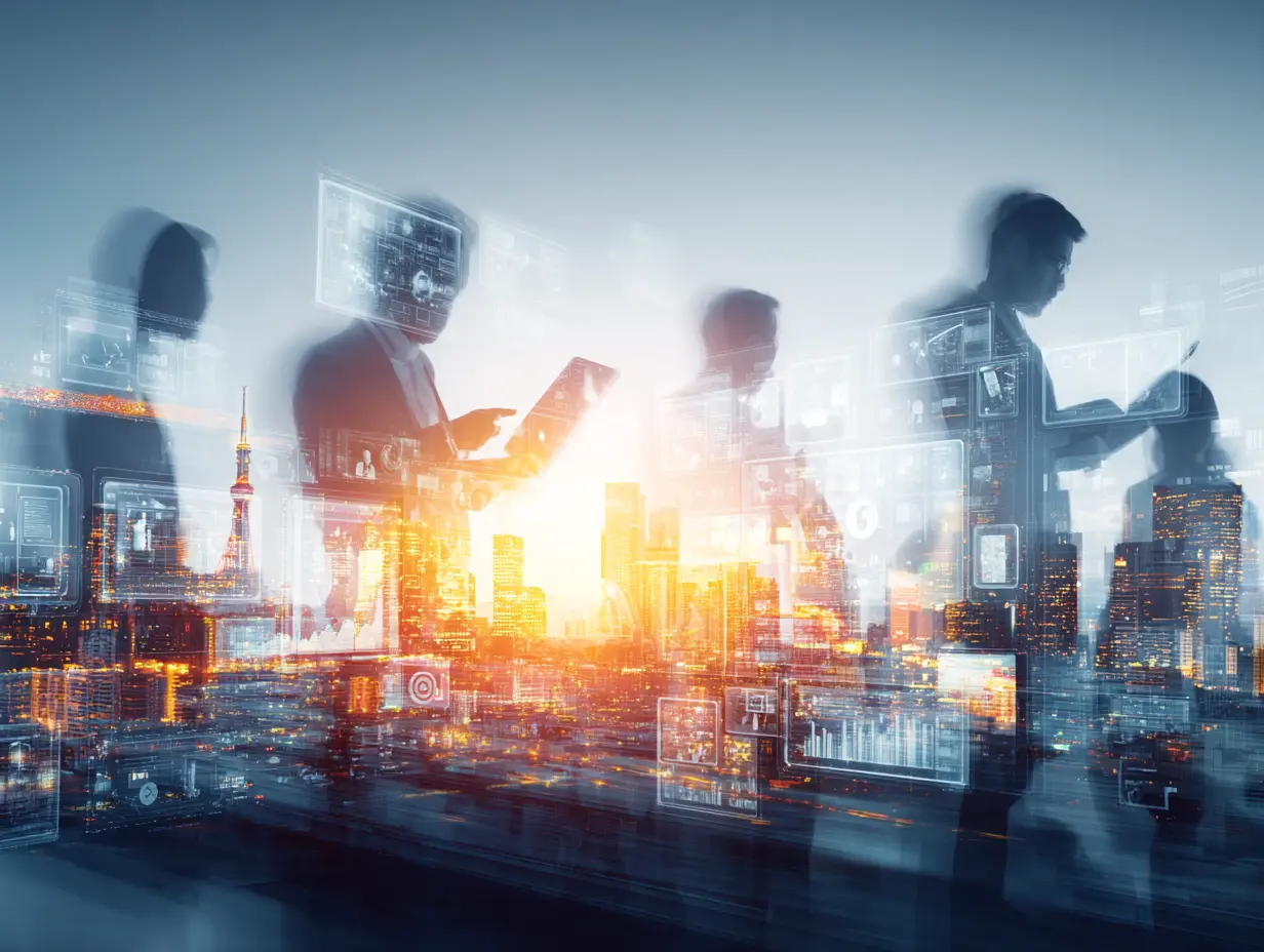 “Silhouettes of business professionals interacting with digital devices, set against a glowing city skyline, overlaid with floating futuristic technology and analytics interfaces.”