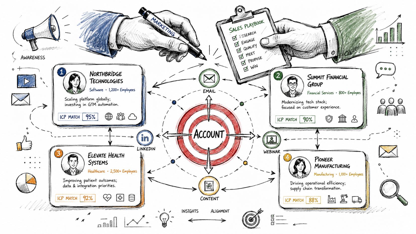 A hand-drawn illustration depicting B2B lead generation strategies, showing marketing and sales alignment with target accounts.