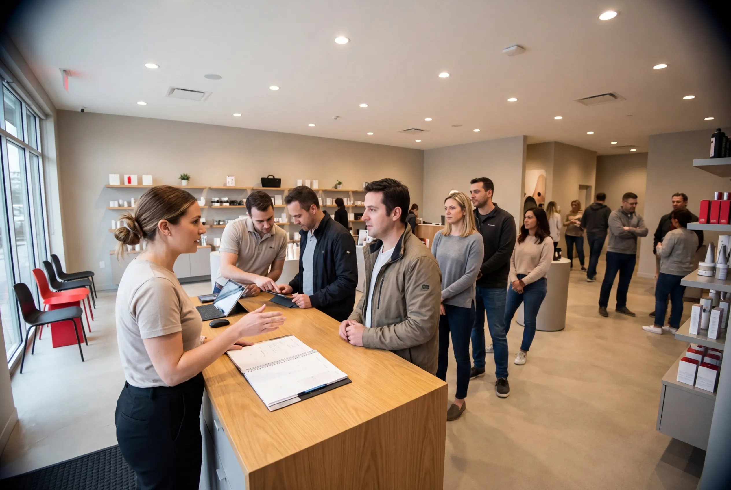 Queue at RockN' Socials digital marketing agency, people engaged at counter.