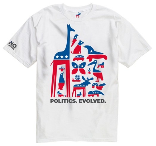 A t-shirt with a poster graphic showing different animals that are styled as American people's party famous logos with red and blue with white stars. The text says: Politics Evolved.