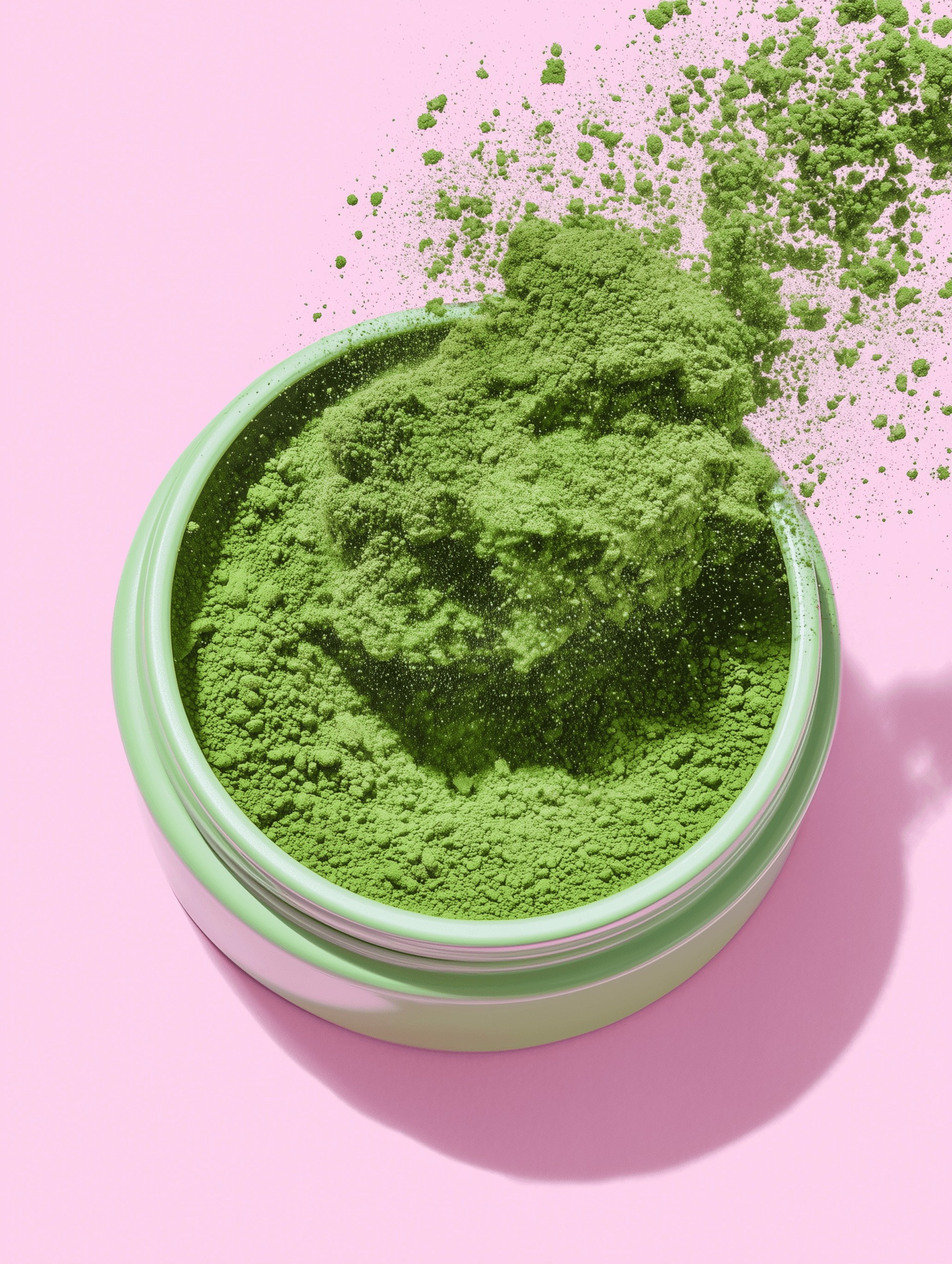 Matcha powder exploding out of an open green tin on a pink background