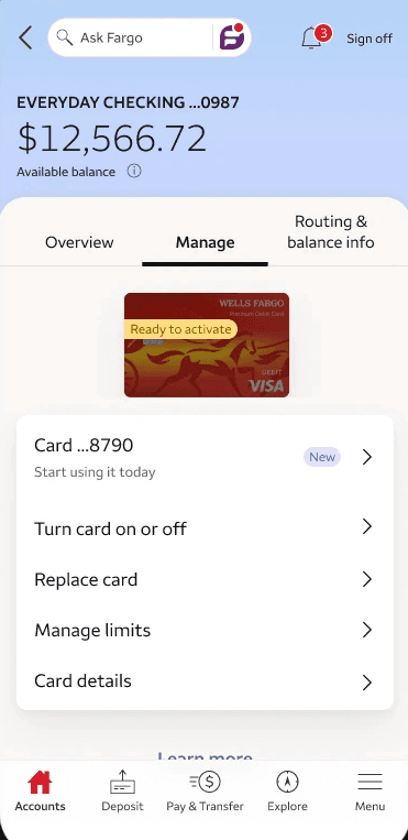 Manage accounts entry point to digital card display