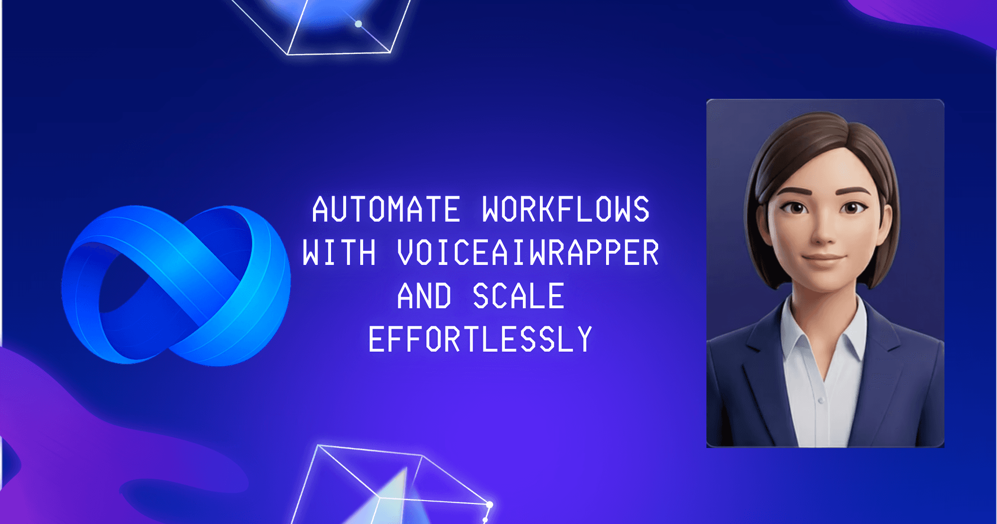 White label AI solutions blog body with abstract patterns and heading Automate Workflows with VoiceAIWrapper and Scale Effortlessly | VoiceAIWrapper.