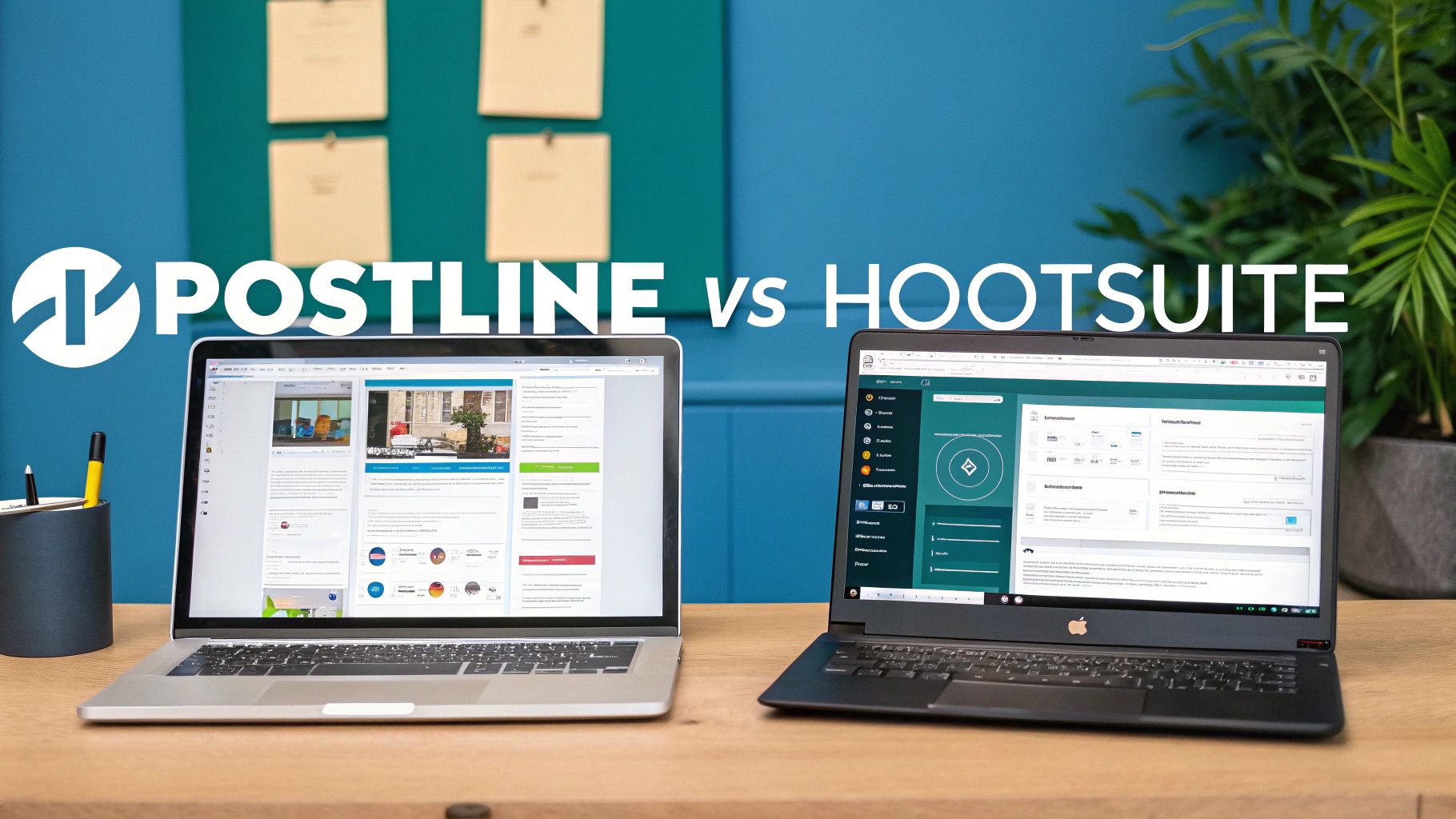 Two laptops on a wooden desk comparing Postline and Hootsuite social media management platforms.