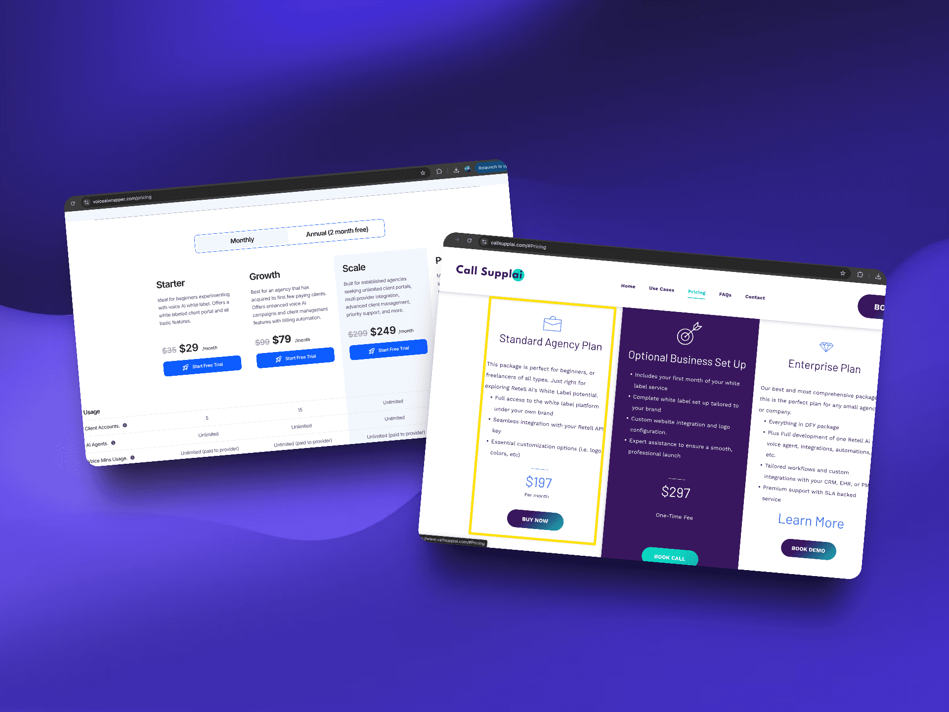 Call Supplai alternative - Better voice AI white label pricing options for agencies | VoiceAIWrapper comparison showing affordable transparent pricing at $29/month Starter plan and $79/month Growth plan versus Call Supplai's expensive Standard Agency Plan at $197/month plus optional $297 business setup fee and higher-cost Enterprise Plan - VoiceAIWrapper offers superior value with feature-rich plans, unlimited voice minutes, no setup fees, and agency-friendly pricing for voice AI white-label solutions | VoiceAIWrapper