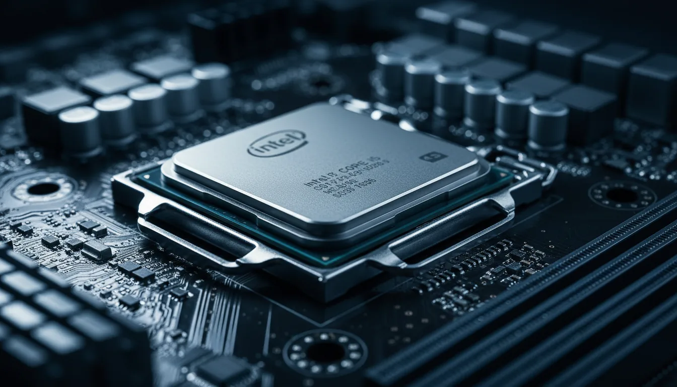 Macro DSLR photography of an Intel Core i5 CPU seated in the metal socket of a dark motherboard, cinematic contrast lighting creating deep shadows and specular highlights on the metallic surfaces, shallow depth of field with sharp focus on the CPU's brushed metal heat spreader and the retention bracket, creating a soft bokeh background with out-of-focus capacitors, cool color temperature with a slight blue tint.