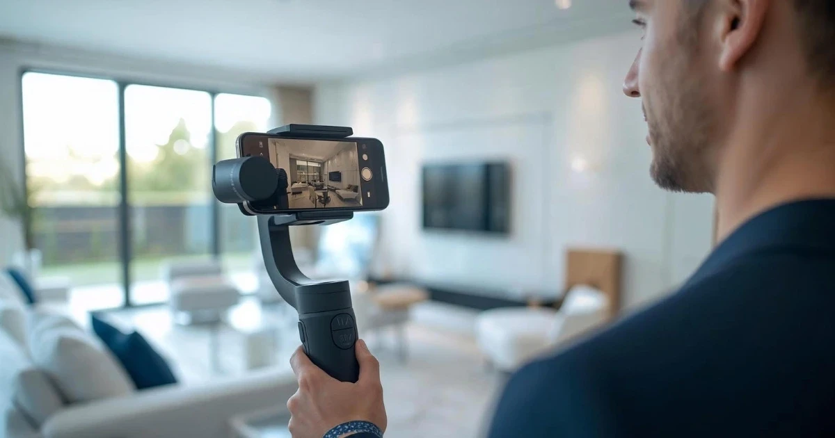 Real estate agent filming a property tour using a smartphone on a gimbal stabilizer.