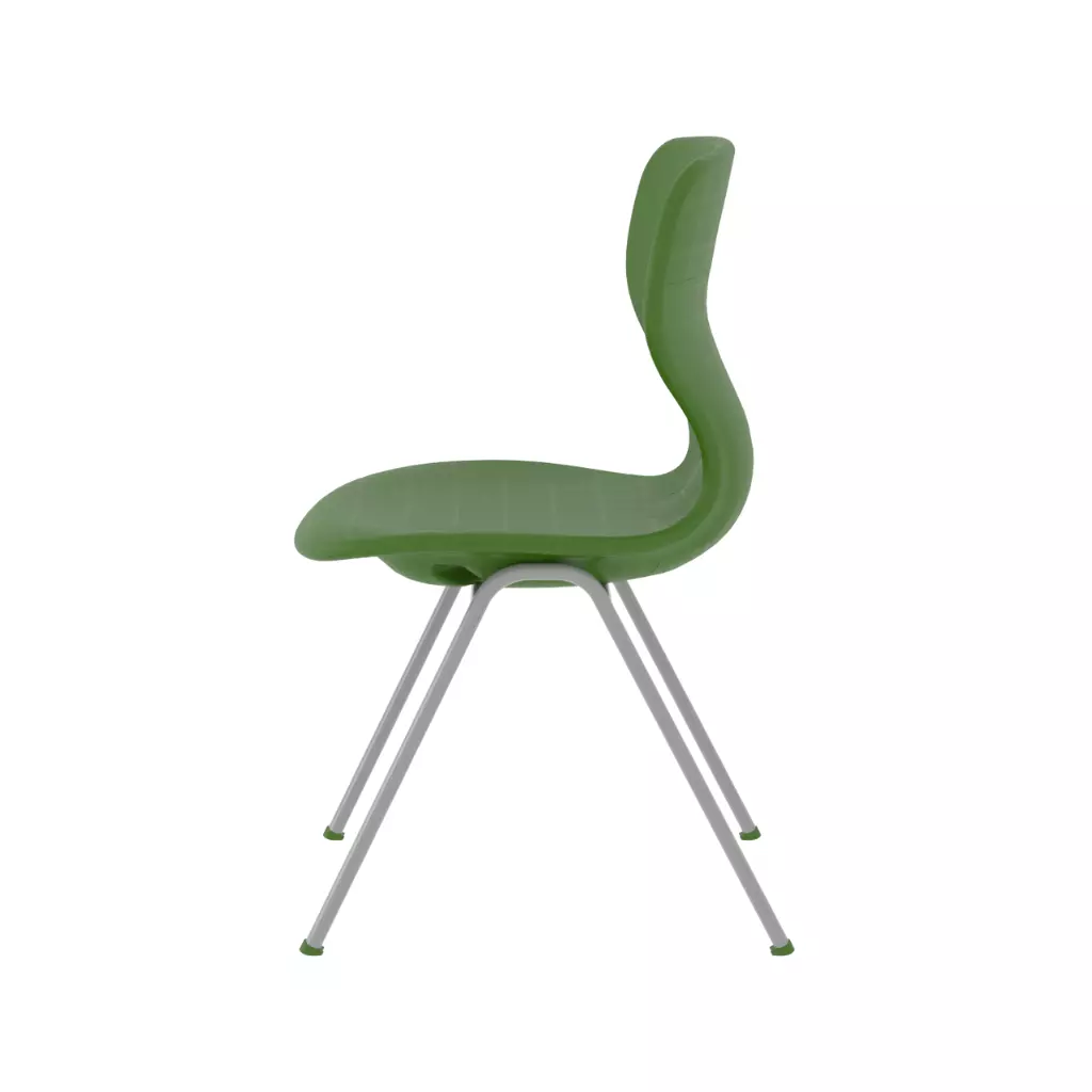 Green plastic school chair side view with metal frame