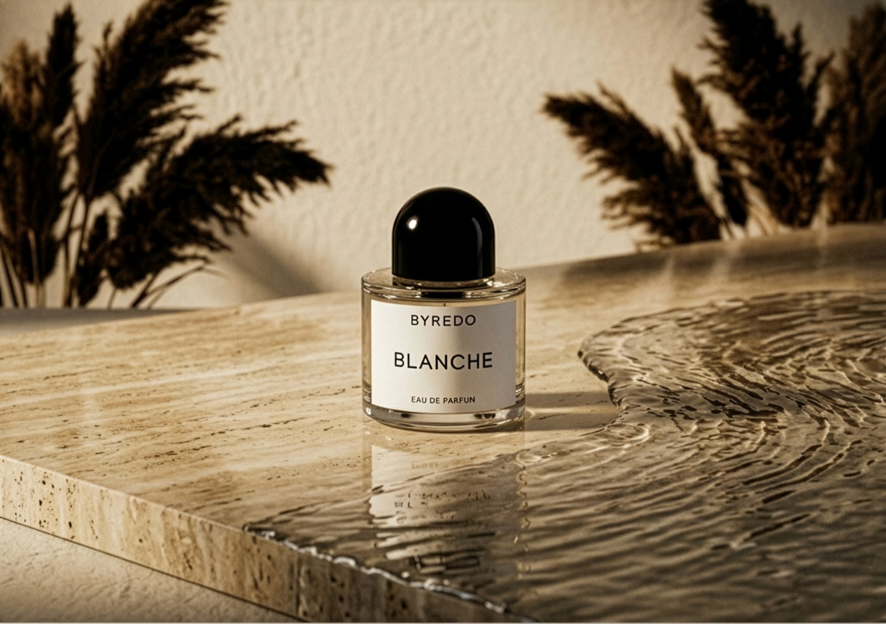Parfum Byredo mis en scène sur un panneau de marbre, avec de l’eau ruisselante et des branchages en arrière-plan.