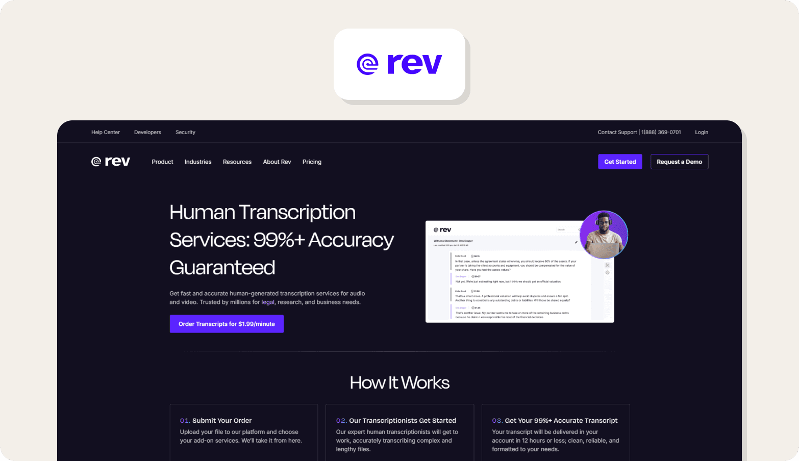 Screenshot of the Sonix homepage, badged as "The World's Most Accurate Transcription Software," with the headline "Accuracy is everything. Secure it instantly." The page promotes 99% accurate, audit-ready text from any media file in minutes, highlighting suitability for healthcare, legal, and media teams. Trust badges for SOC 2 Type II, HIPAA Compliant, and zero training on customer data are visible. Customer logos include Vice, Adobe, IBM, Uber, Google, and ESPN. A dark card graphic showing an audio waveform is displayed on the right. The Sonix logo — a blue soundwave icon — appears above the browser screenshot on a dark background.