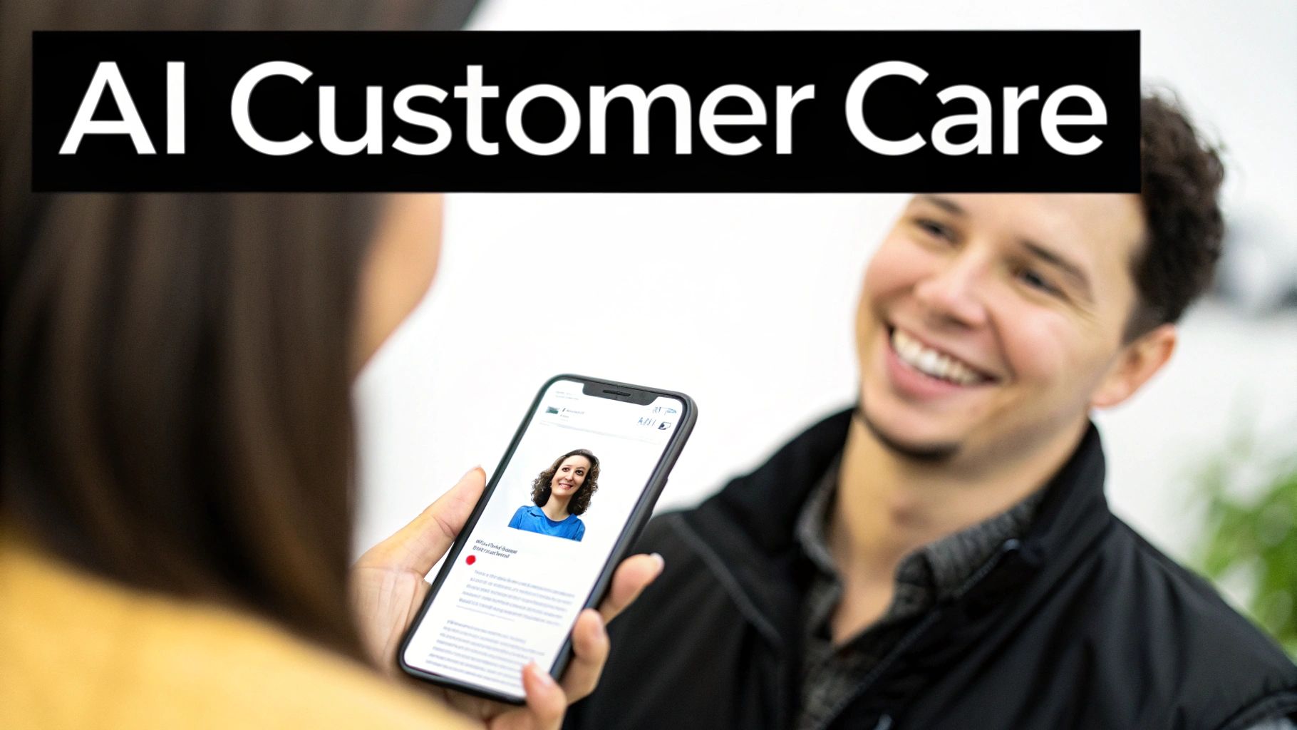 A person holding a smartphone showing an AI chatbot for customer care, with a man smiling in the background.