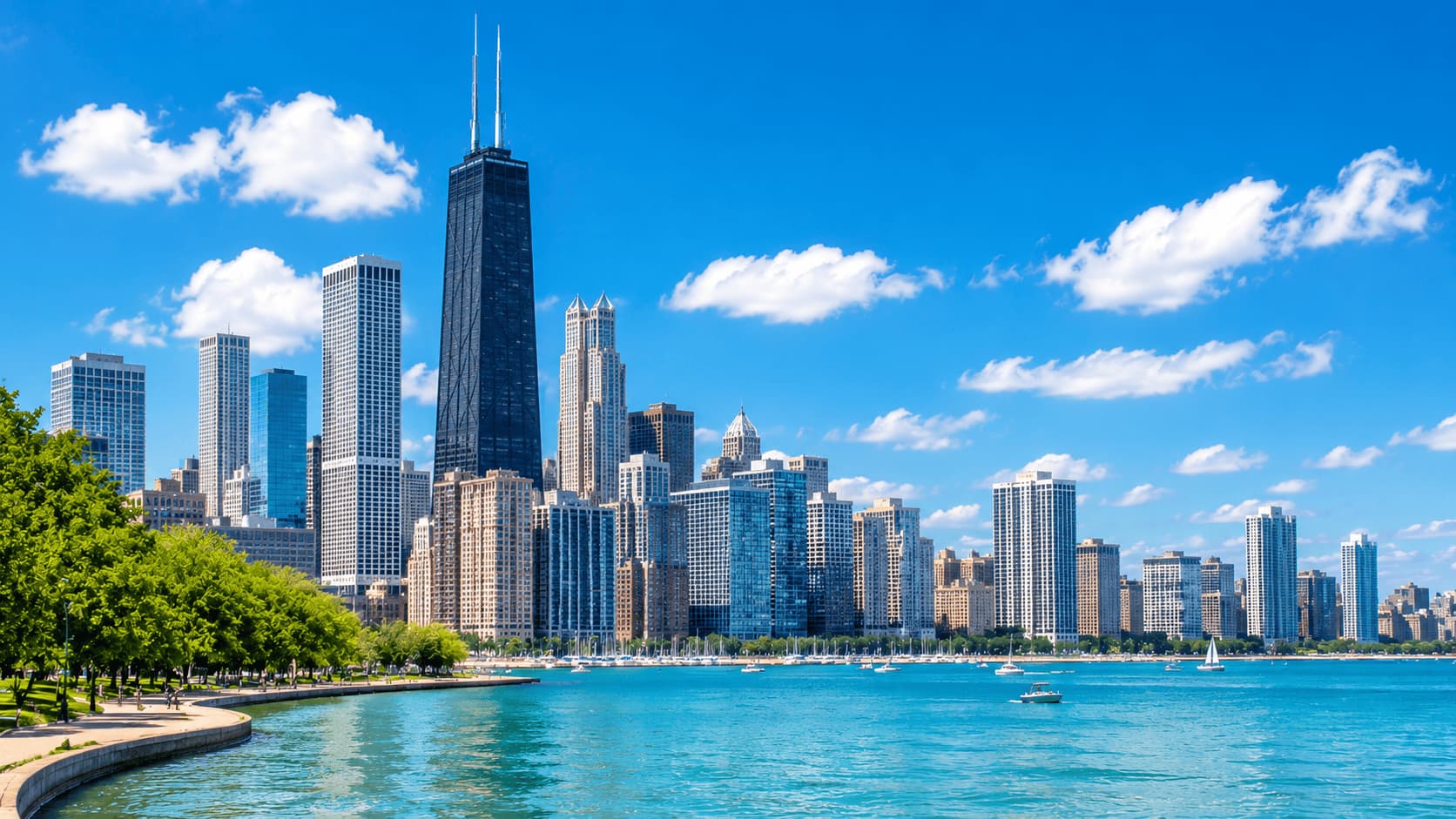 Chicago skyline with skyscrapers and waterfront view on a sunny day