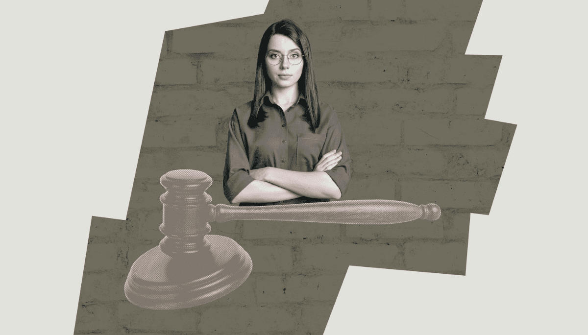 Stylized image of professional with gavel illustration, symbolizing legal questions about employer pay cuts.