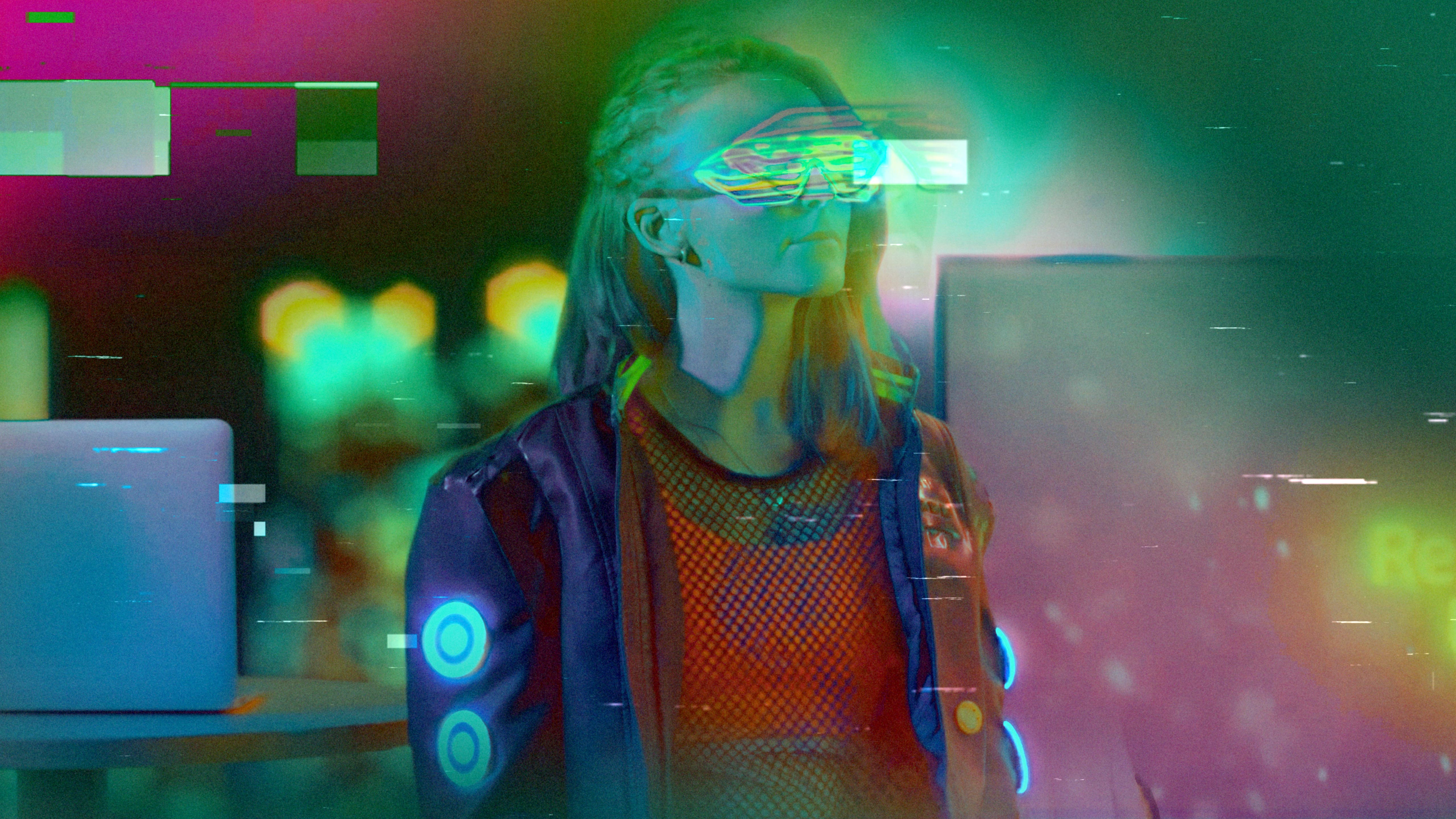 Artistic portrait with red and blue lighting creating a dramatic effect