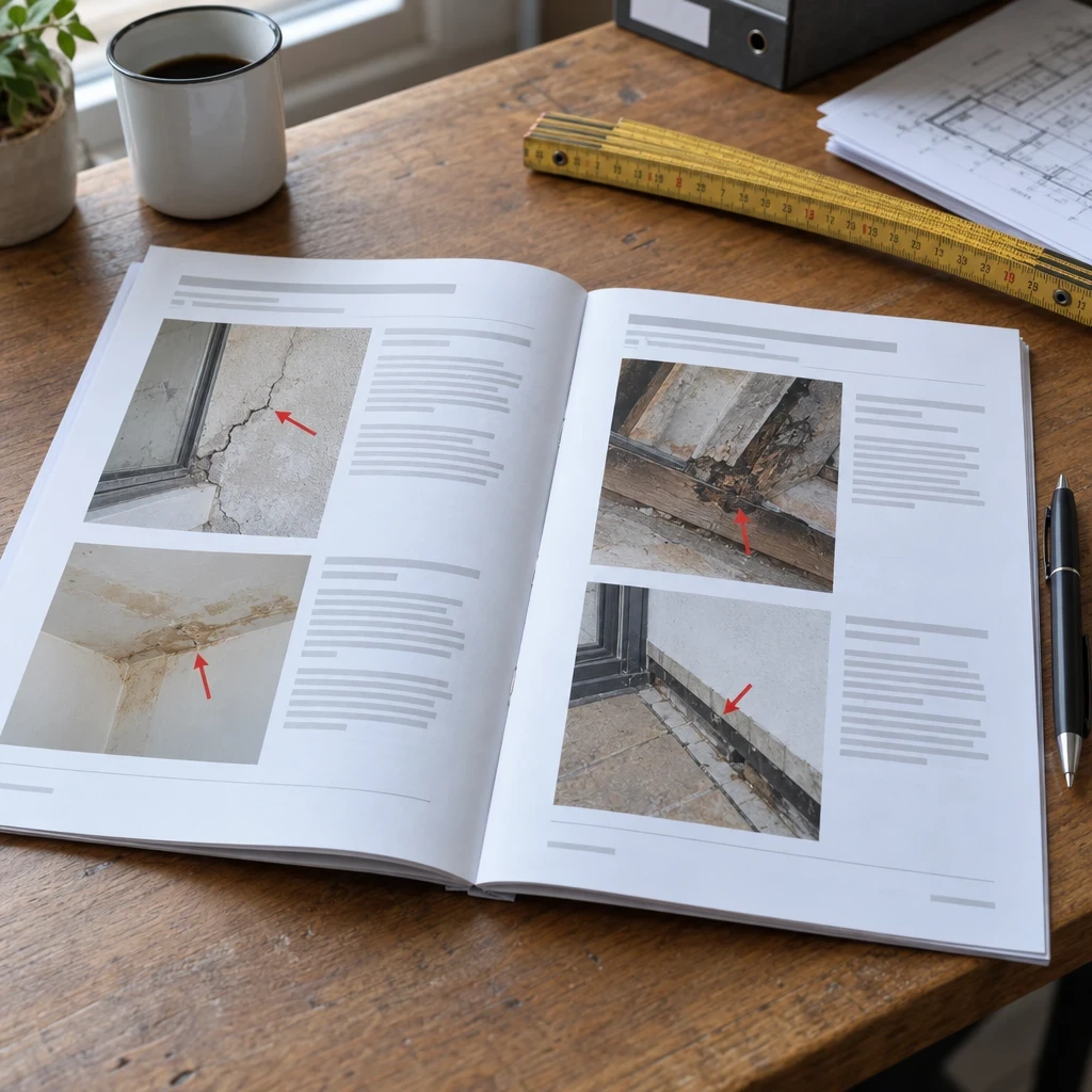 Rapport d’expertise malfaçon illustré de photographies annotées, avec un mètre pliant