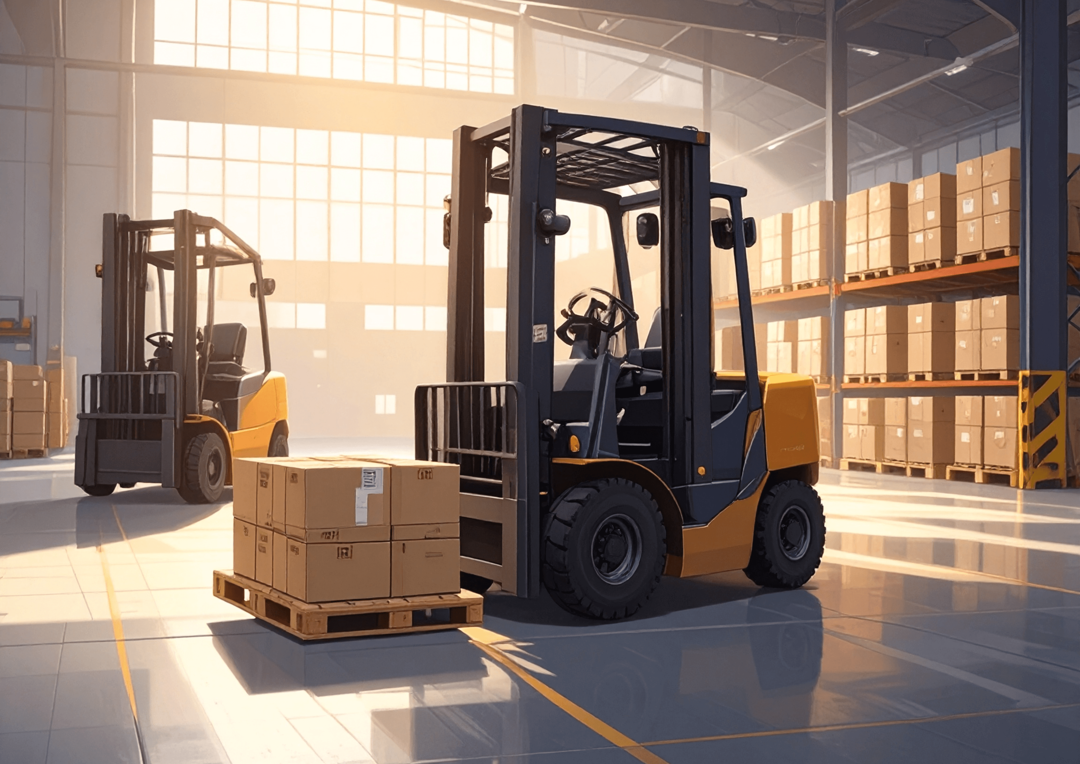 forklift truck lifting boxes in a warehouse