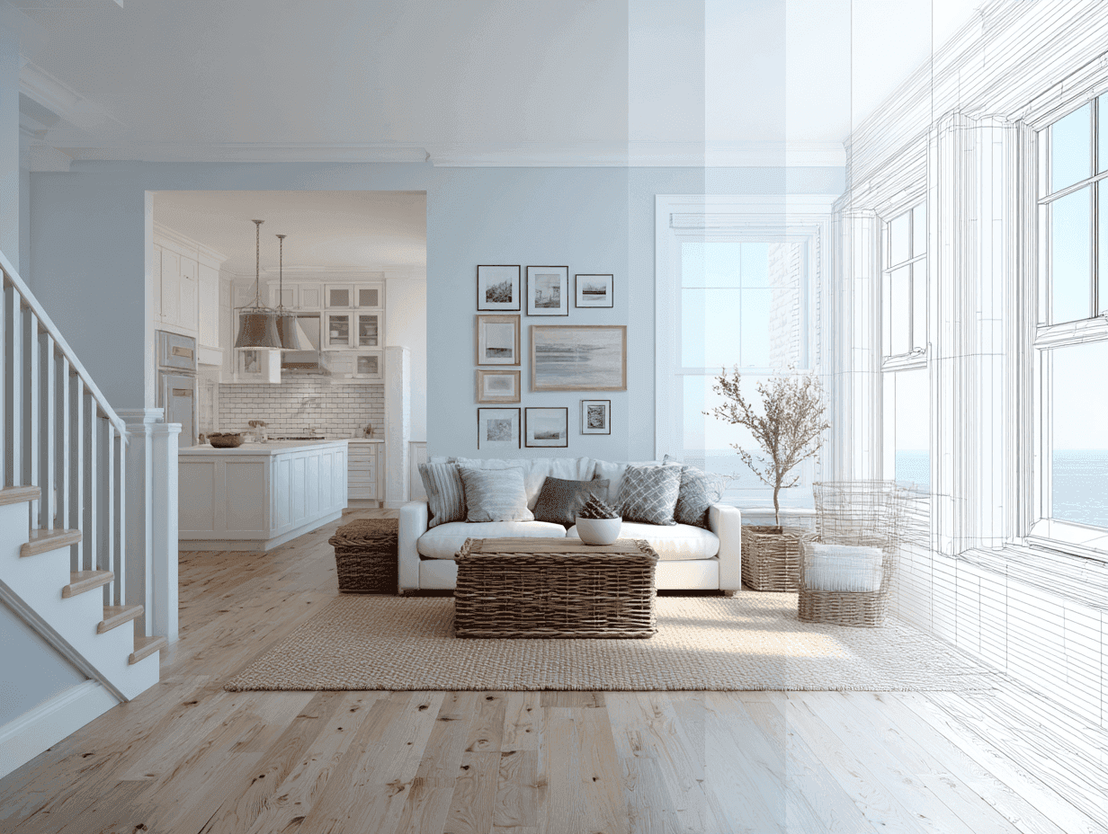 Coastal-themed living room with a beige sofa, blue cushions, and wicker furniture. Large window shows a serene ocean view, conveying tranquility.