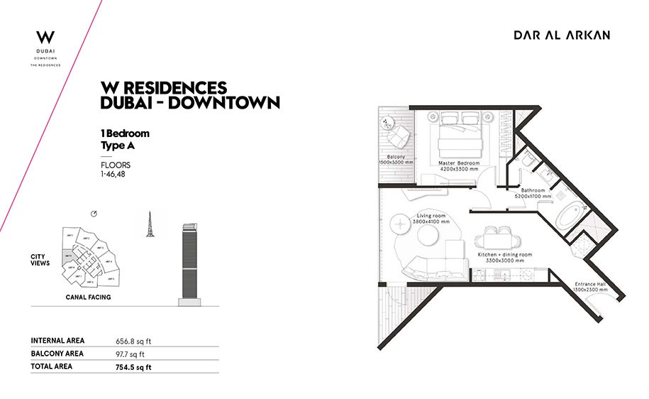 W Residences 1-Bedroom Floor Plan