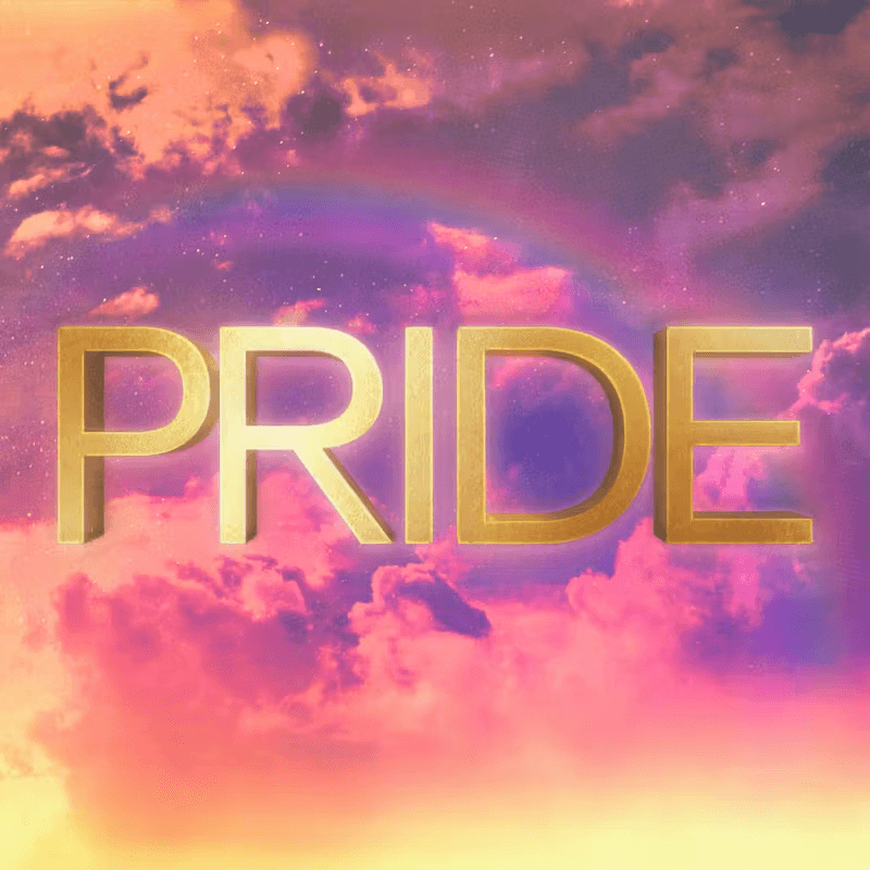 Text "PRIDE" in bold gold letters against a colorful, dreamy pastel sky background.