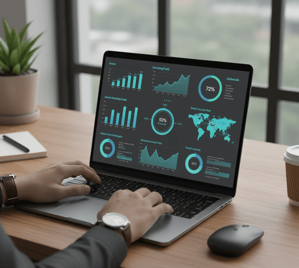 Dashboard showing MRR of $69,897 and 1206 active users with an upward trend graph.