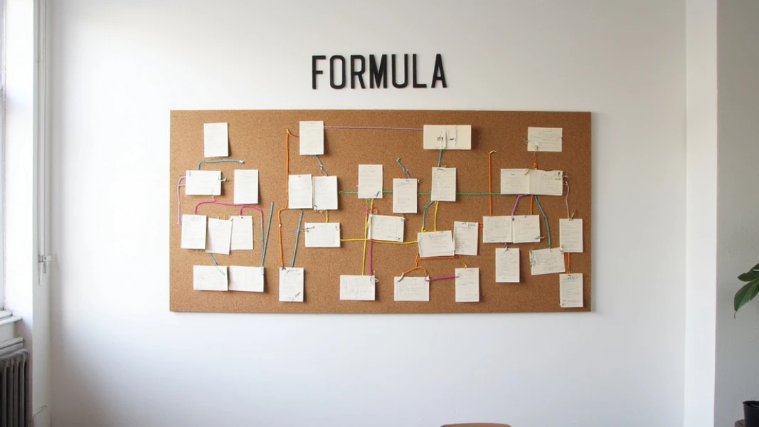 Wide shot of a minimalist office space with a large cork board on the wall, featuring interconnected index cards and colored strings forming a grid-like pattern, with "FORMULA" written in large bold font on the top of the board.