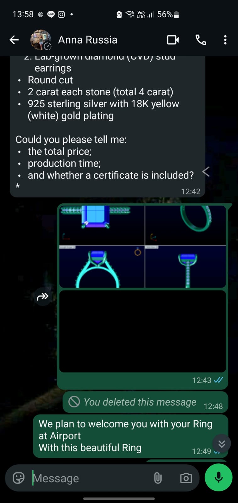 Chat conversation between KC Gupta and Anna to get a custom ring made by Lab Grown Dreams.