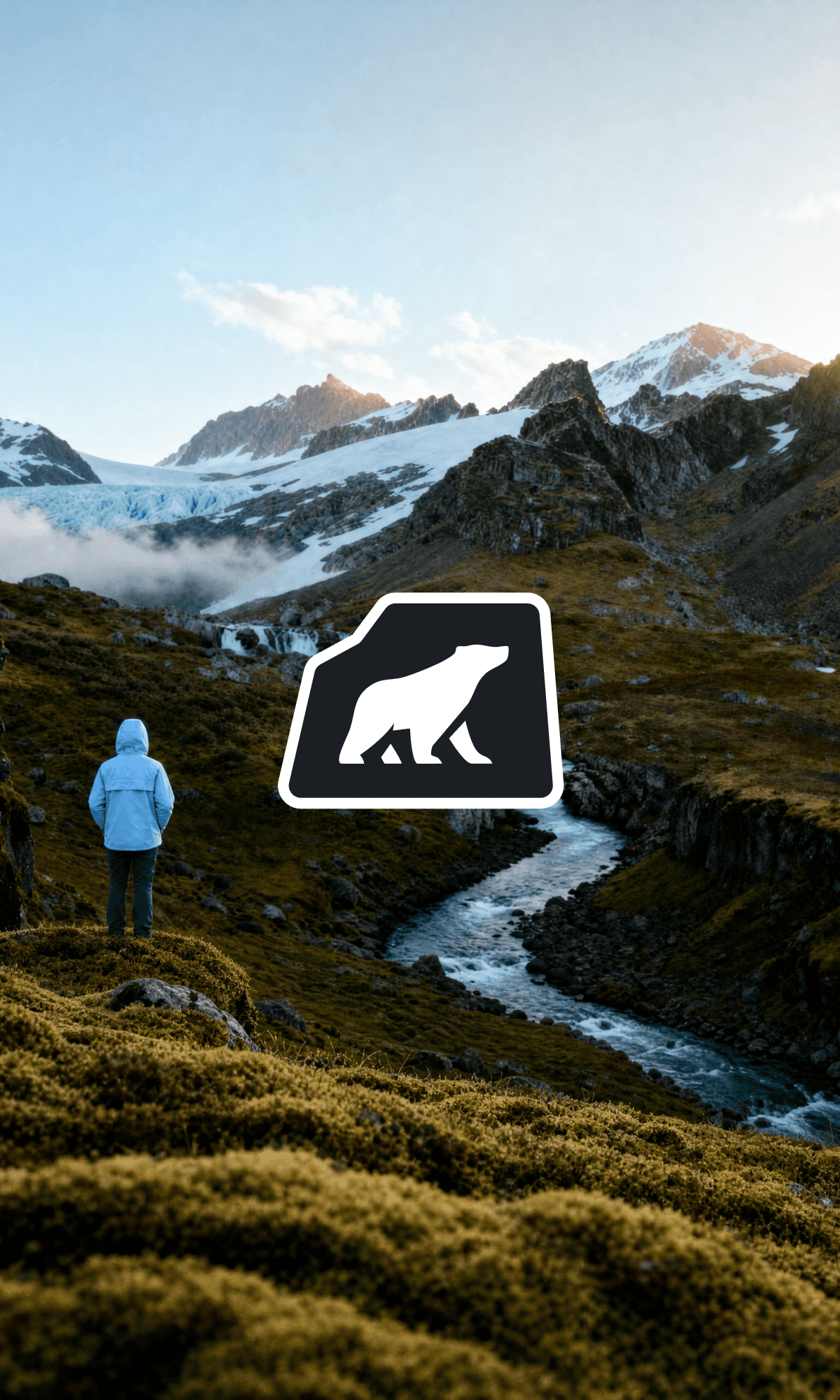 Bärresa polar bear logo over a mountain valley with a hiker