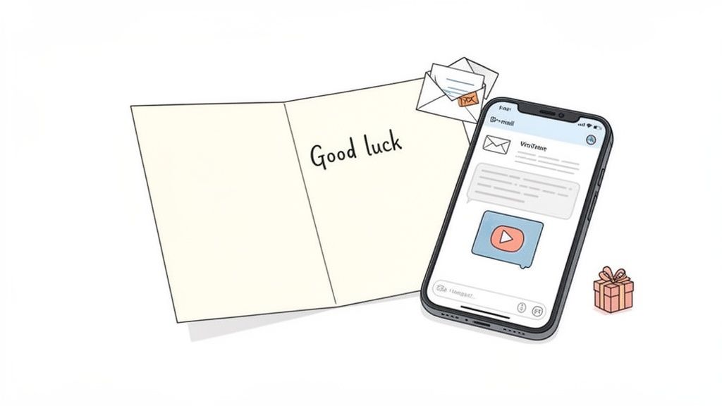 Illustration showing a 'Good luck' card, stacked envelopes, a smartphone with a video message, and a small gift.